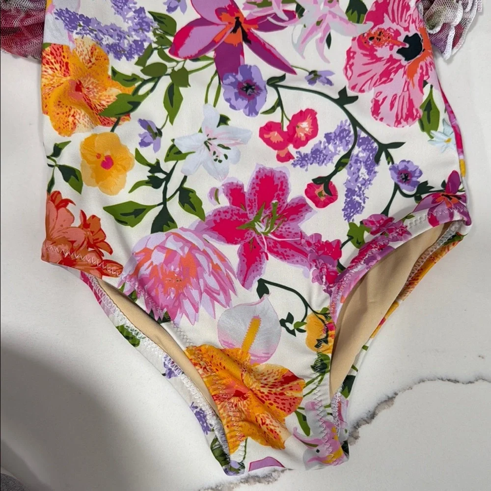 Floral Ruffle-Sleeve Kids One-Piece Swimsuit - White Multi